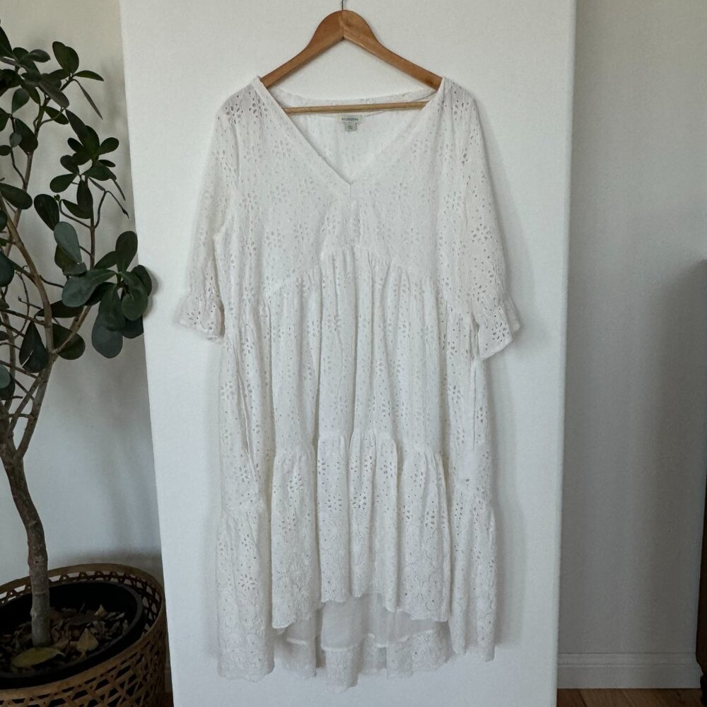 SUNDANCE WHITE EYELET EMPIRE WAIST HI LO MIDI SUMMER DRESS COTTON LINED TIER - Picture 2 of 6